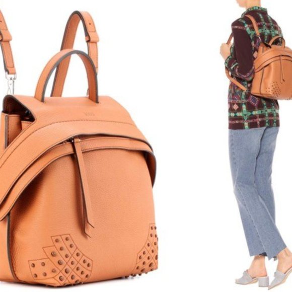 Tod's Brown Leather Mini Wave Top Handle Studs Backpack Crossbody Handbag Purse - Picture 3 of 16